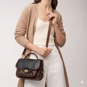 Fossil Heritage Crossbody Bag Top Handle Black Brown Leather Preppy